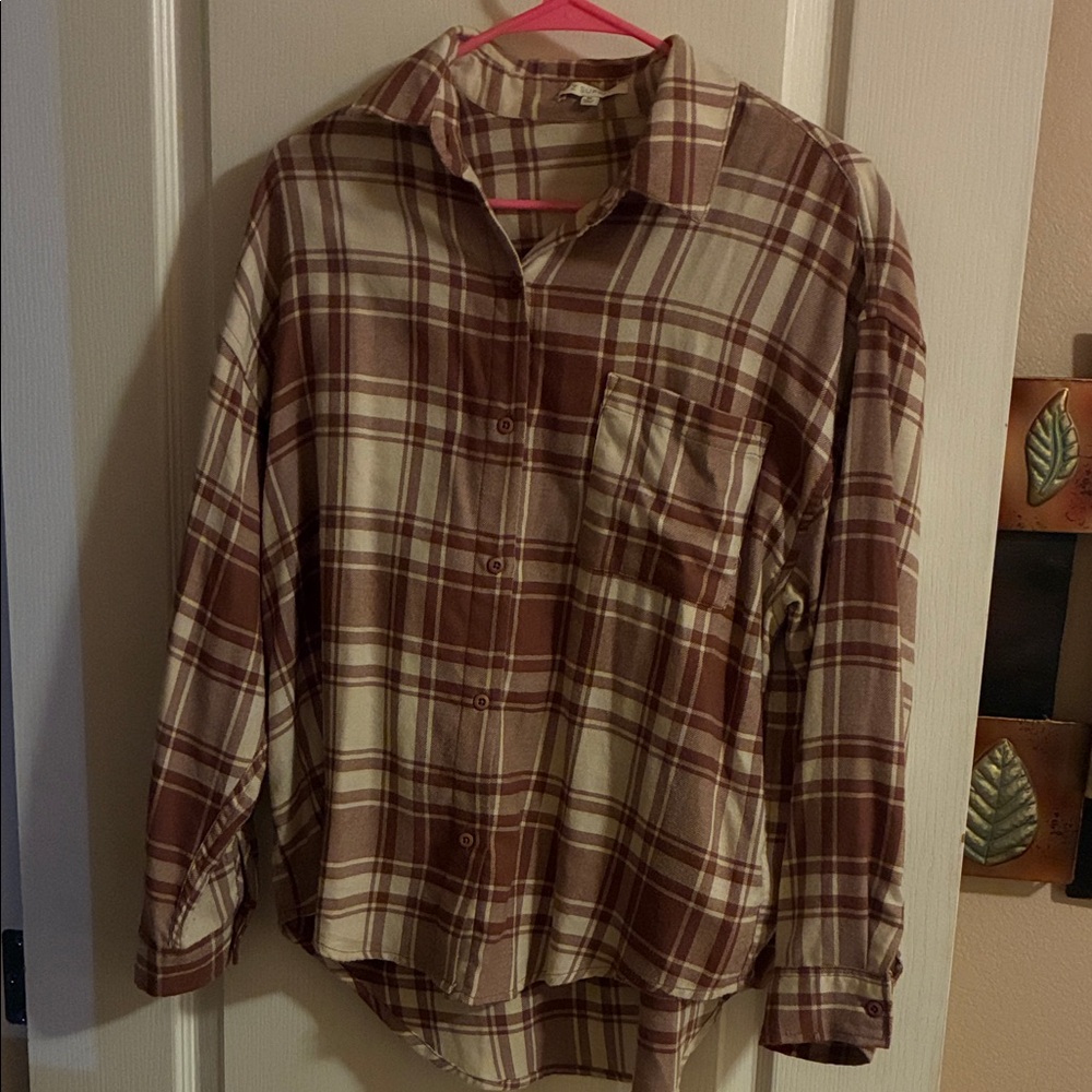 Z Supply Cream and Brown Plaid Button Down Shirt